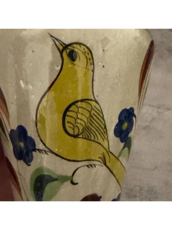 Vintage Tonala Mexico Hand Painted Yellow Bird Handled Ewer Pitcher Ceramic 12" - Picture 7 of 12